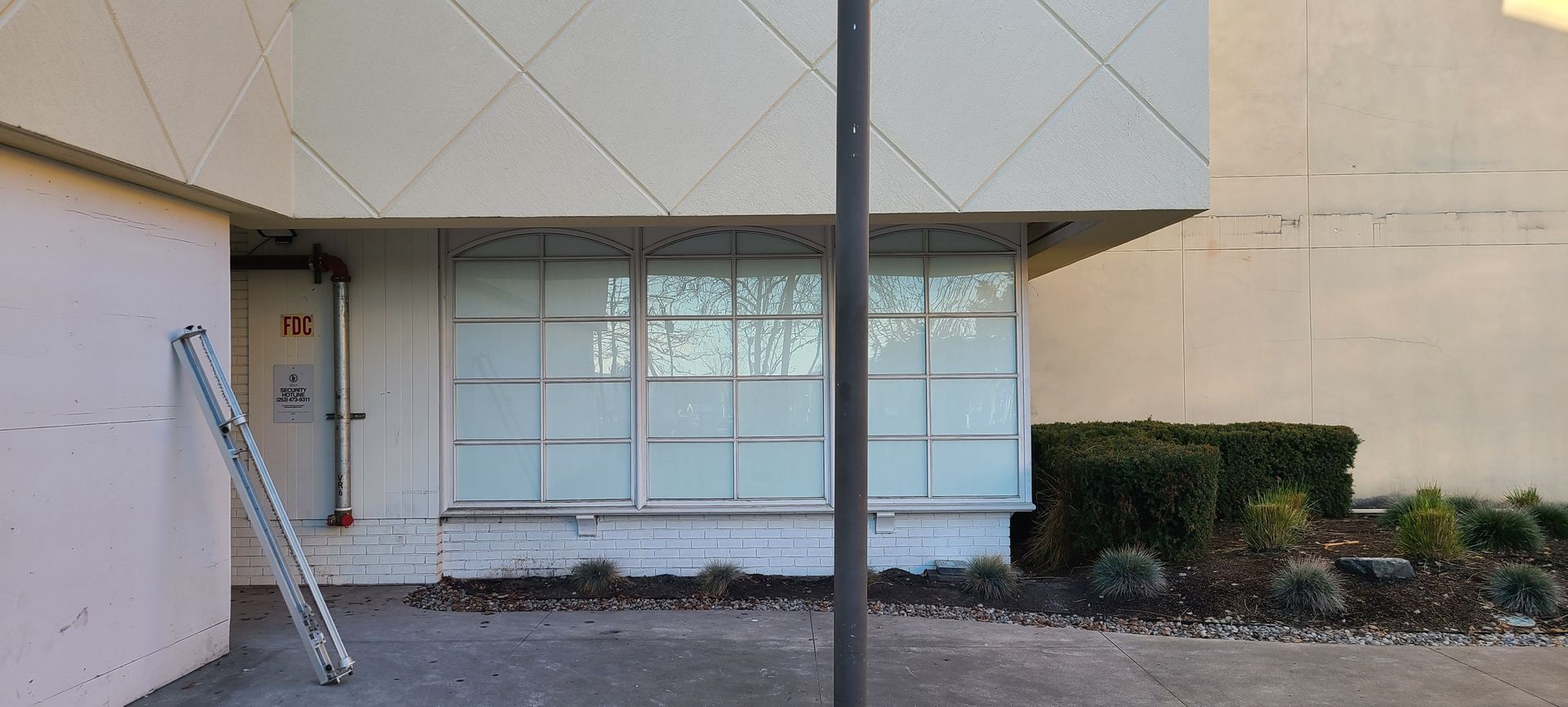 Building exterior with window, ladder, and small garden.