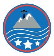 Seattle emblem with Space Needle, mountains, water, and three stars.