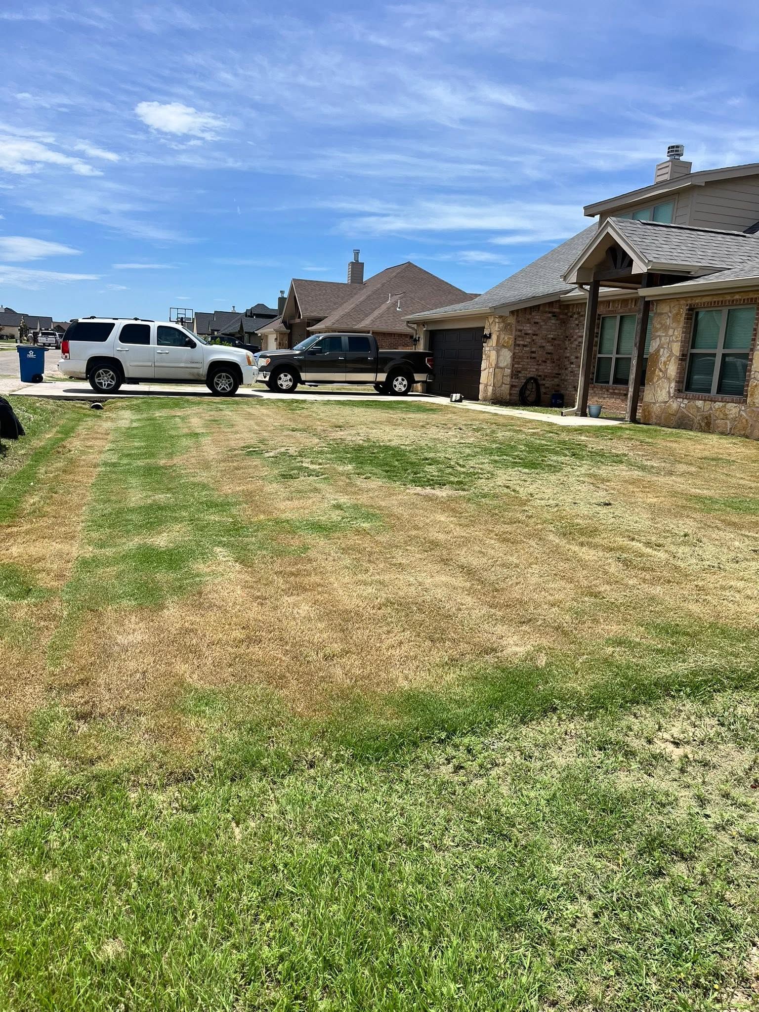 Suburban backyard with dry grass, stone house, and several parked SUVs under a blue sky
