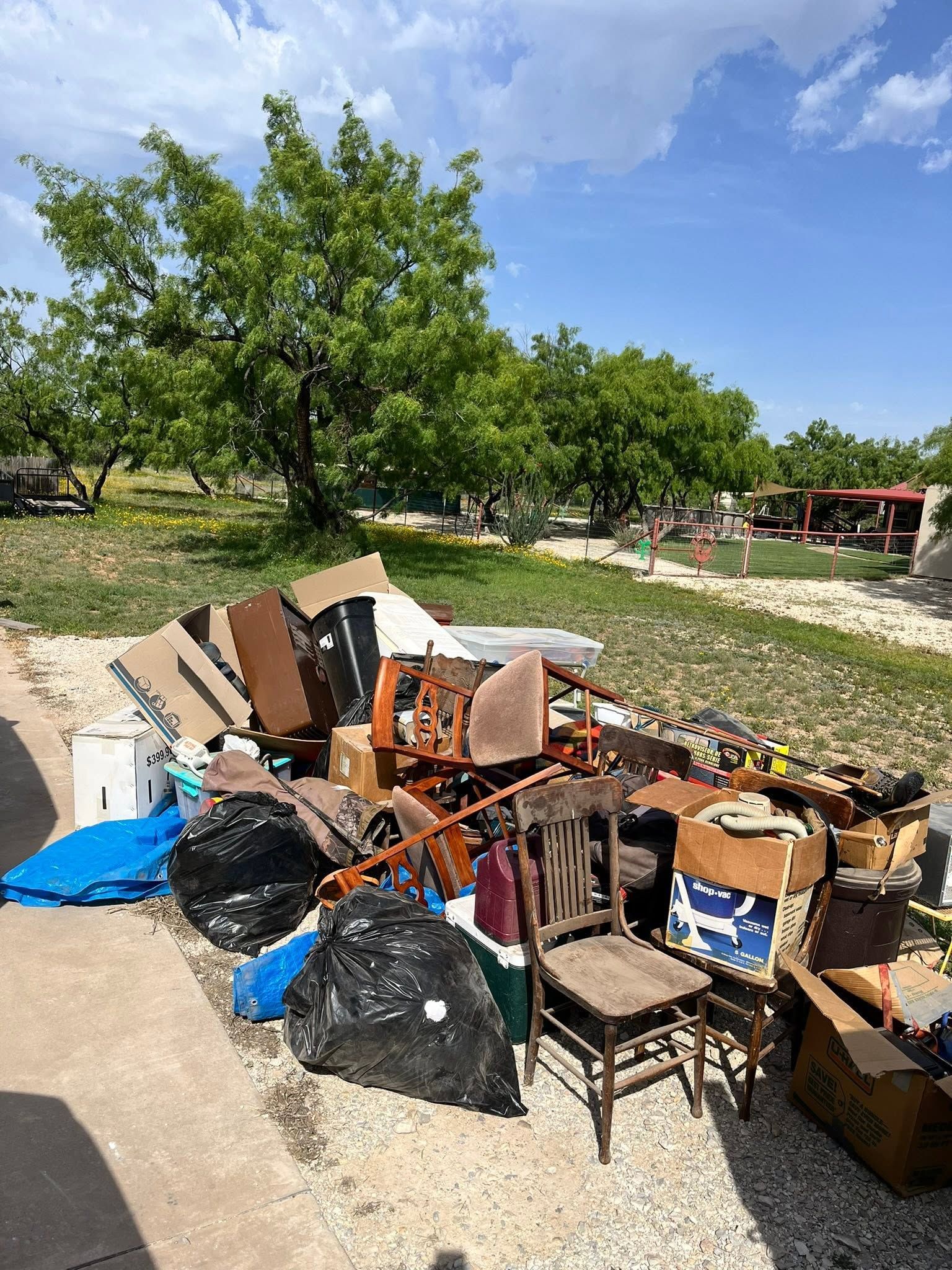 Pile of discarded furniture and trash on a curb beside a tree-lined path under a blue sky
