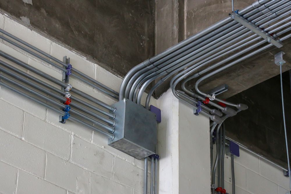 A Junction Box Mounted on A White Cinder Block Wall with Multiple Electrical Conduits — AC/DC Electrical, Air Conditioning & Refrigeration In Crows Nest, QLD