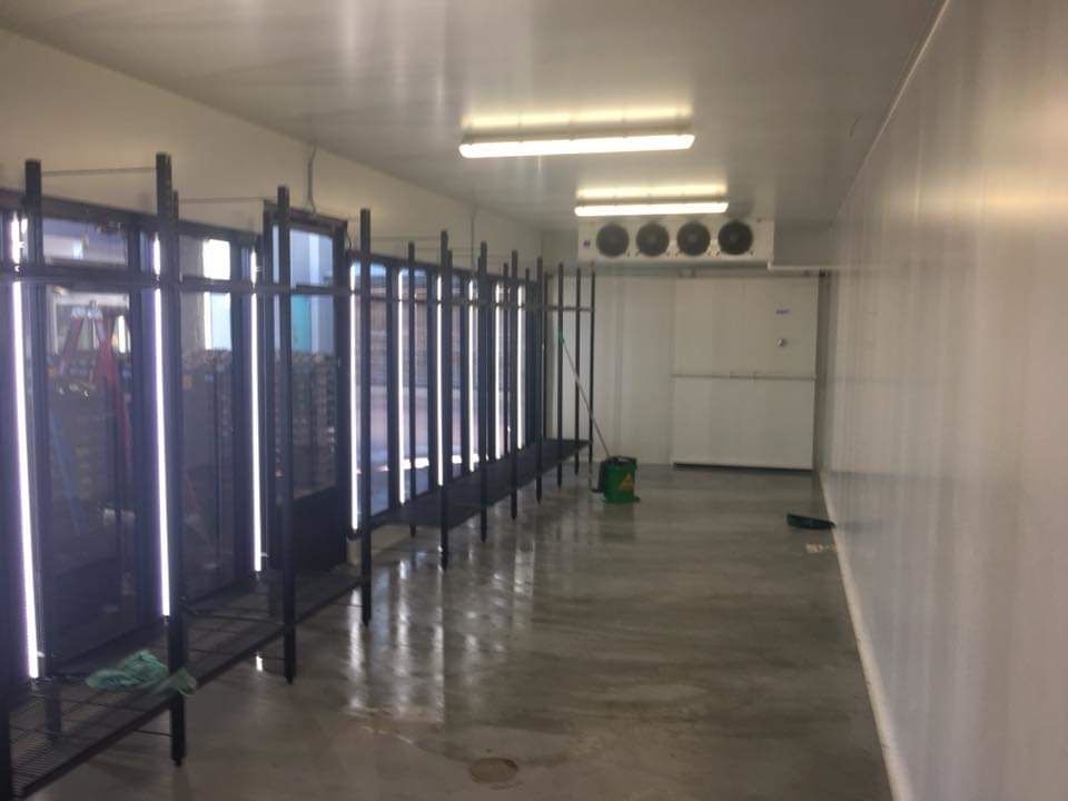 A Well-Lit, Empty Commercial Walk-In Cooler with Glass Display Doors — AC/DC Electrical, Air Conditioning & Refrigeration In Zilzie, QLD