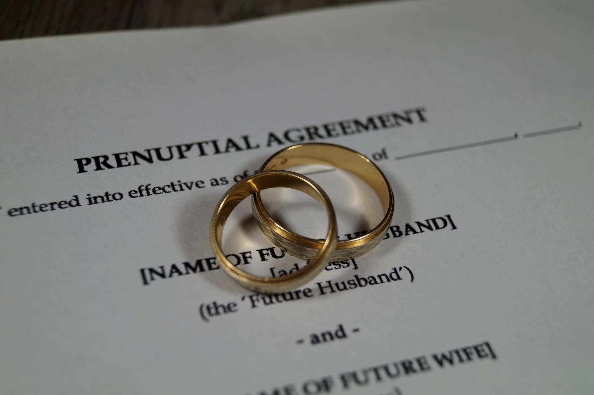 Two gold wedding rings on a prenup agreement with text fields for names.