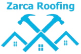 A blue logo for Zarca Roofing featuring two crossed hammers positioned above three stylized house silhouettes.