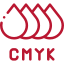 Le logo pour cmyk est un tourbillon rouge sur fond blanc.
