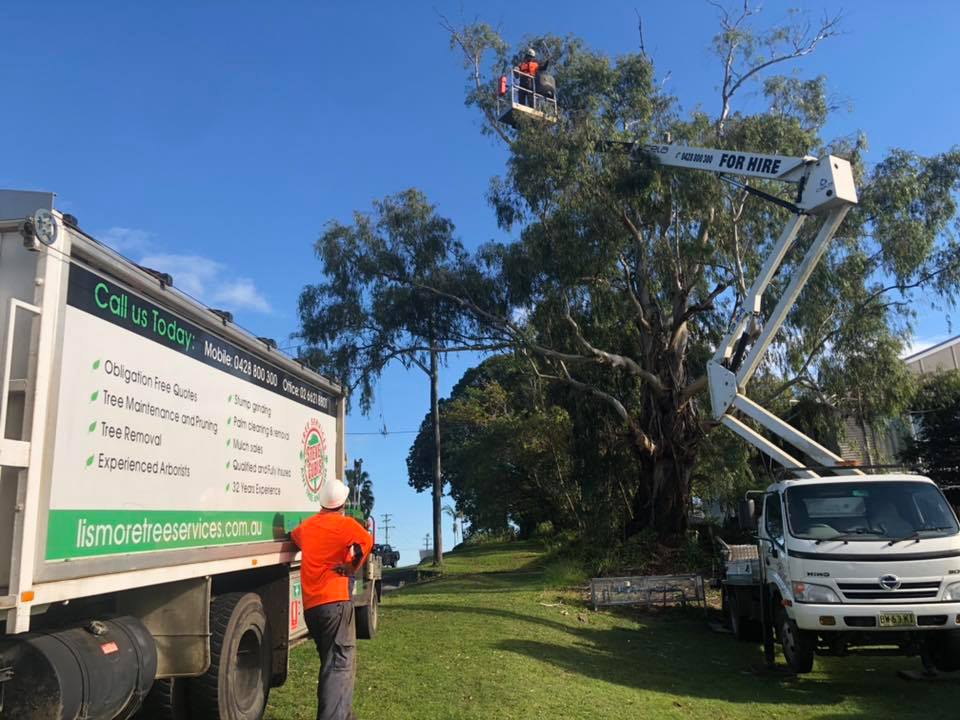 A Man is Standing Next to a Truck With a Crane Attached to It — Steve Cubis Tree Services In Lismore, NSW