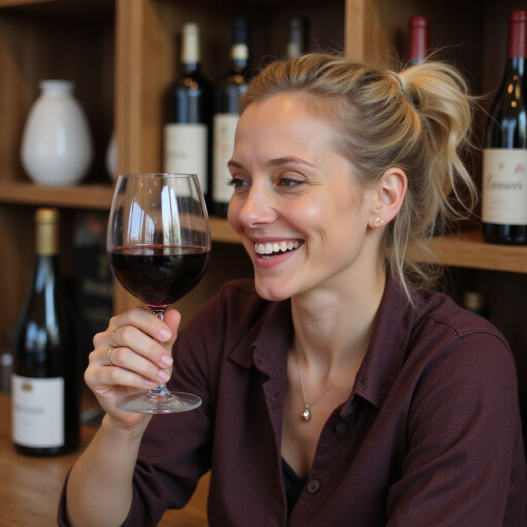 Woman smiling, holding a glass of red wine in front of a wine shelf, indoors.