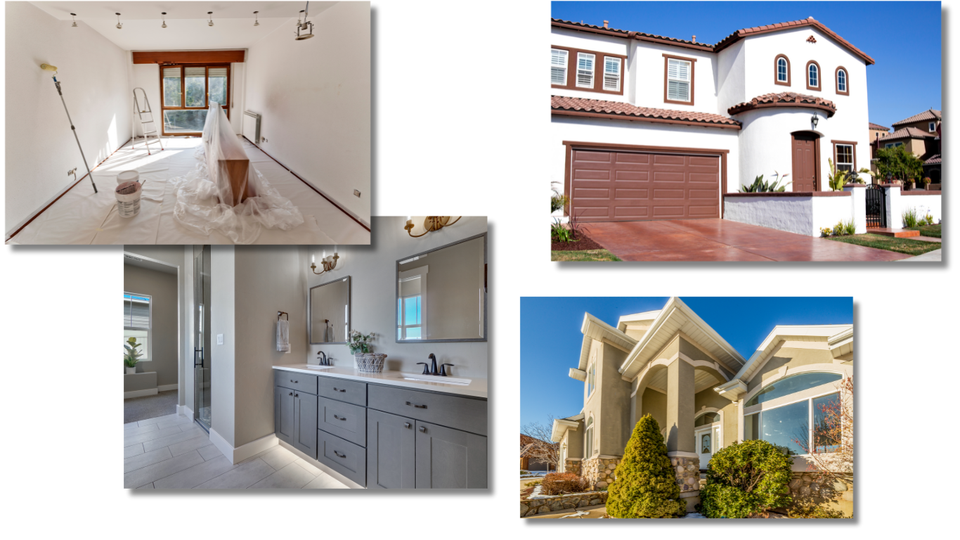 A collage of pictures of a house and a bathroom
