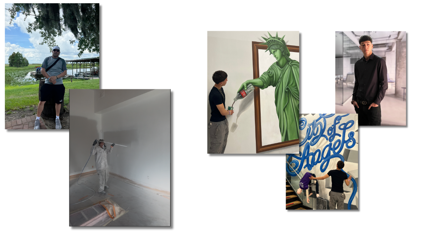 A collage of pictures of owners painting on a wall.