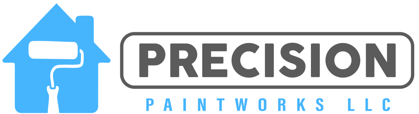 A logo for precision paintworks llc with a house and a paint roller.