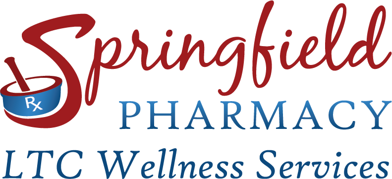 Springfield Pharmacy logo with a red script "Springfield" over a mortar and pestle and blue "Pharmacy" with the slogan.