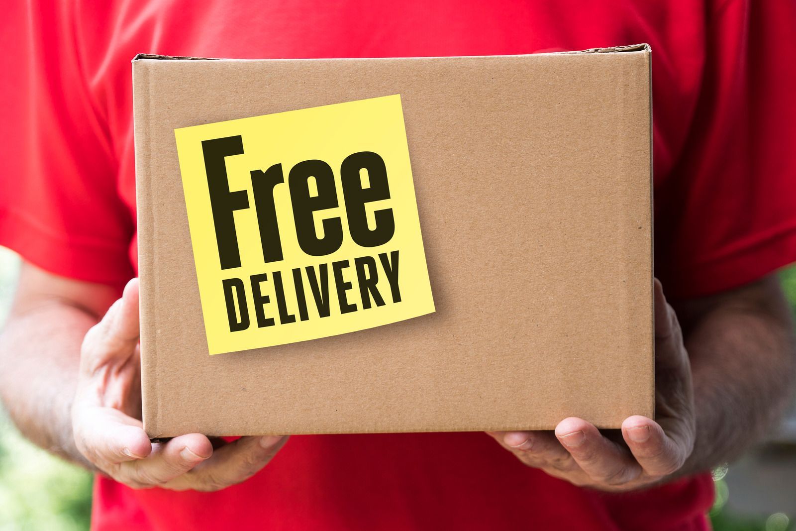 Person in red shirt holds a cardboard box with a 