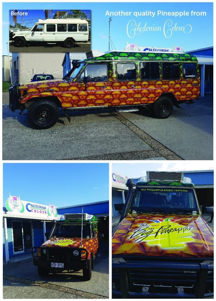 A Collage of Photos of a Car That Has Been Painted With Pineapples — Caledonian Colour In Nirimba, QLD