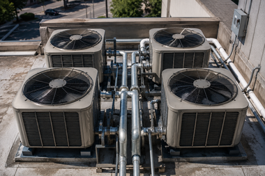 Rooftop HVAC units with four large outdoor air conditioners and metal piping in an urban setting