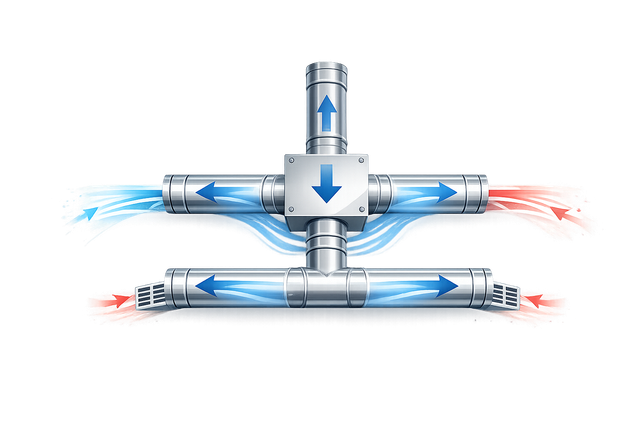 Metal pipes with blue and red arrows showing fluid flow through a central valve-like connector