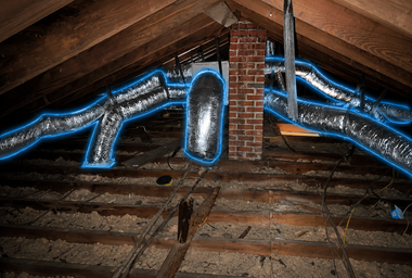 Blue-insulated pipes and a brick chimney run through a dusty attic with exposed wooden beams.