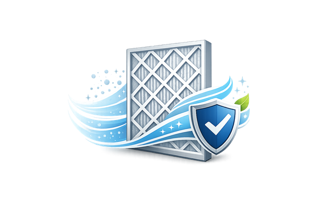 Blue security shield beside a metallic filter with flowing blue waves, suggesting network protection and filtering