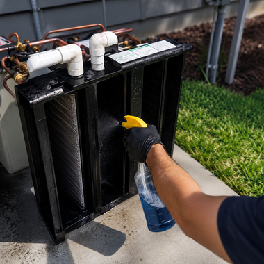 Person spraying a black HVAC filter with cleaner outdoors beside a house.