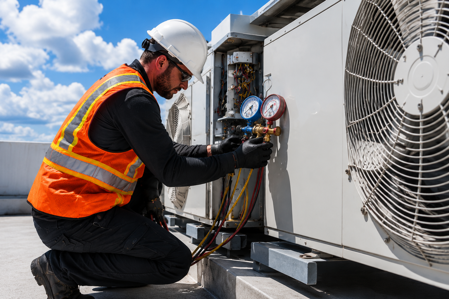 Technician in orange safety vest and hard hat checks HVAC unit gauges on a rooftop.