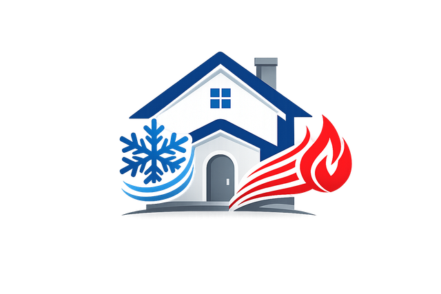 House logo with blue snowflake and red flame, symbolizing heating and cooling
