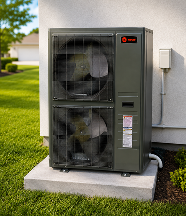 Outdoor HVAC unit beside a house on a concrete pad, with two visible fans and a gray exterior.