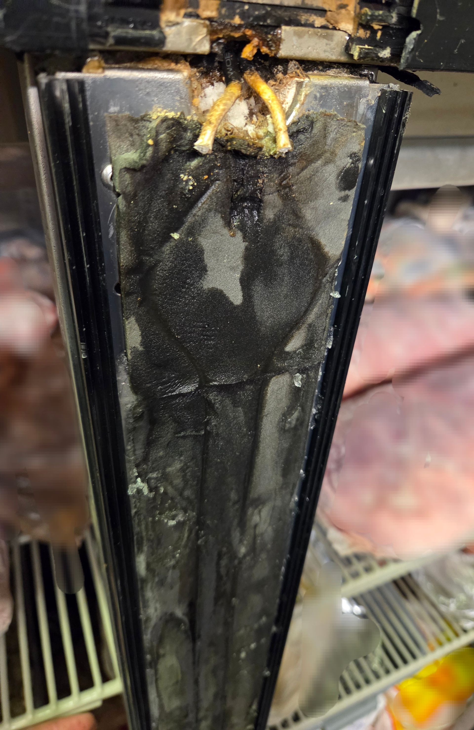 Close-up of a damaged refrigerator door frame with exposed wires and condensation.