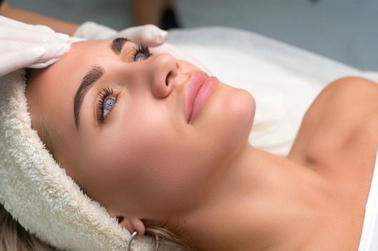 Una donna riceve un massaggio al viso su un lettino da spa, avvolta in un asciugamano bianco e con una fascia per capelli.