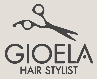 Logo di Gioela Hair Stylist con icona di forbici su sfondo beige.