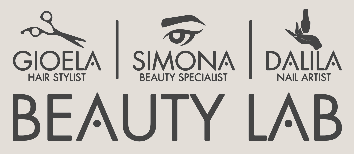 Logo del Beauty Lab con icone di forbici, occhio e smalto per unghie, rispettivamente per Gioela Hair Stylist, Simona Beauty Specialist e Dalila Nail Artist.