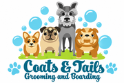 Coats & Tails Grooming and Boarding, LLC logo with blue and green paw print and bone