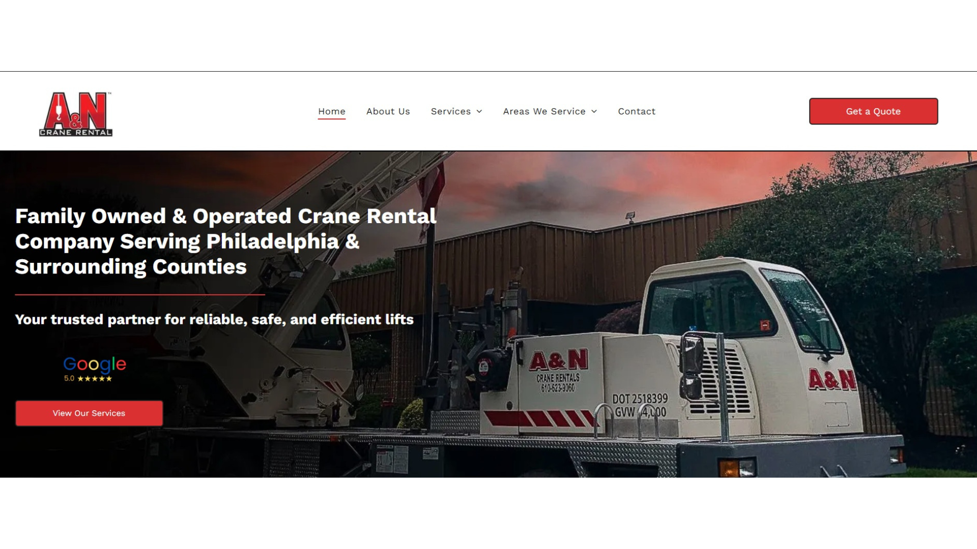 A & N Crane Rental website: Crane at work, serving Philadelphia & surrounding counties.