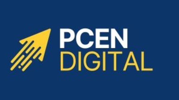 Logo for PCEN Digital: Yellow arrow pointing up with lines, and text 