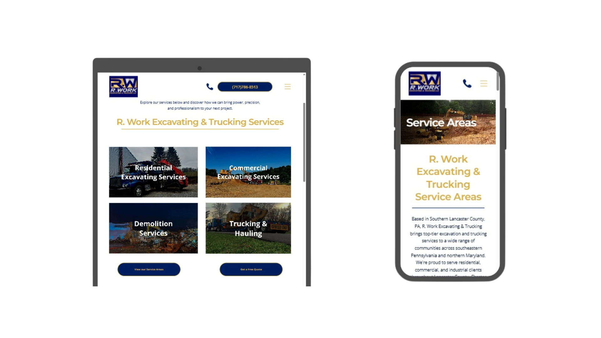 Website on tablet and phone showing D. Wilma Excavating & Trucking service.