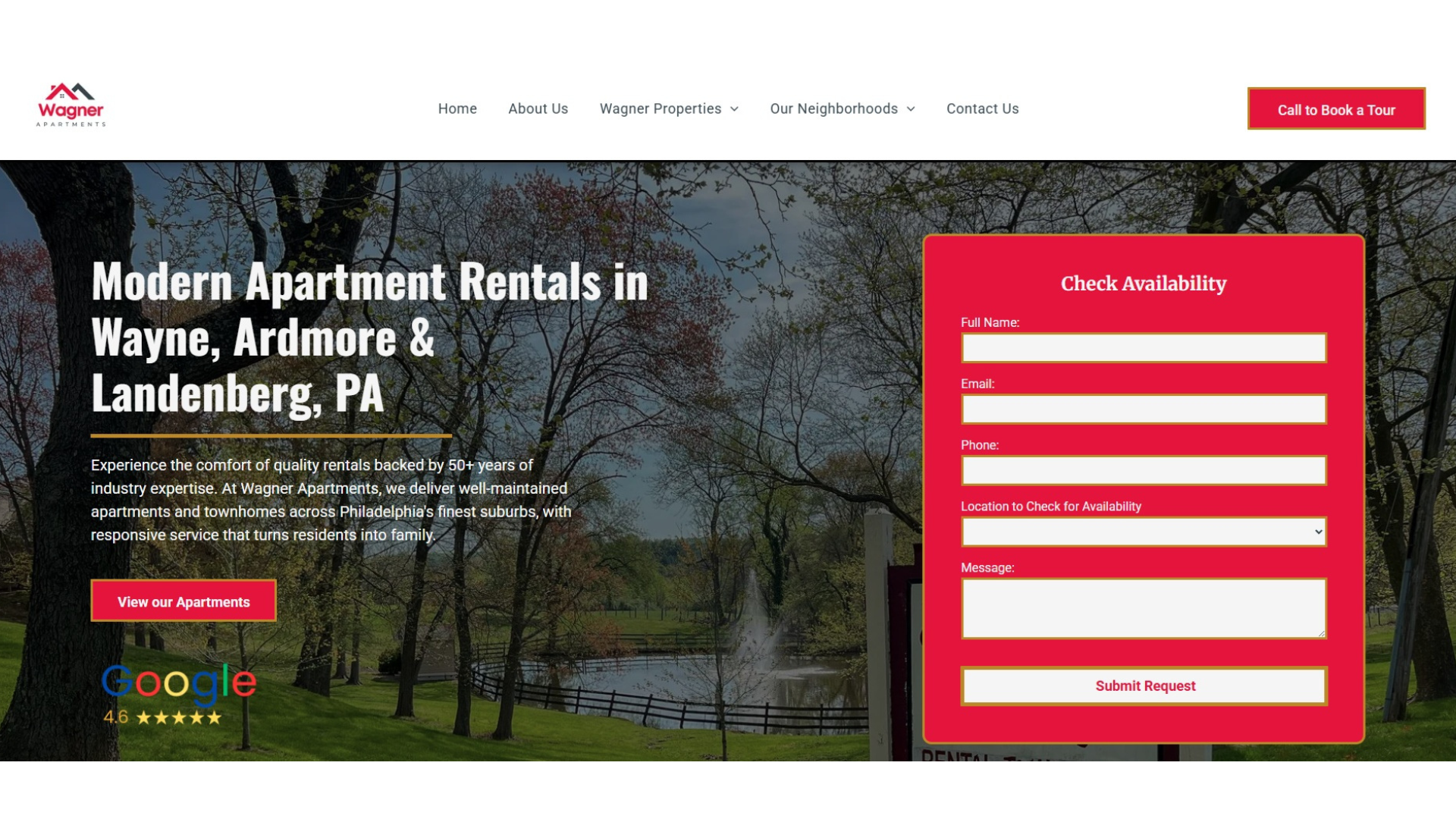 Website homepage with red form for Apartment Availability on the right, title 