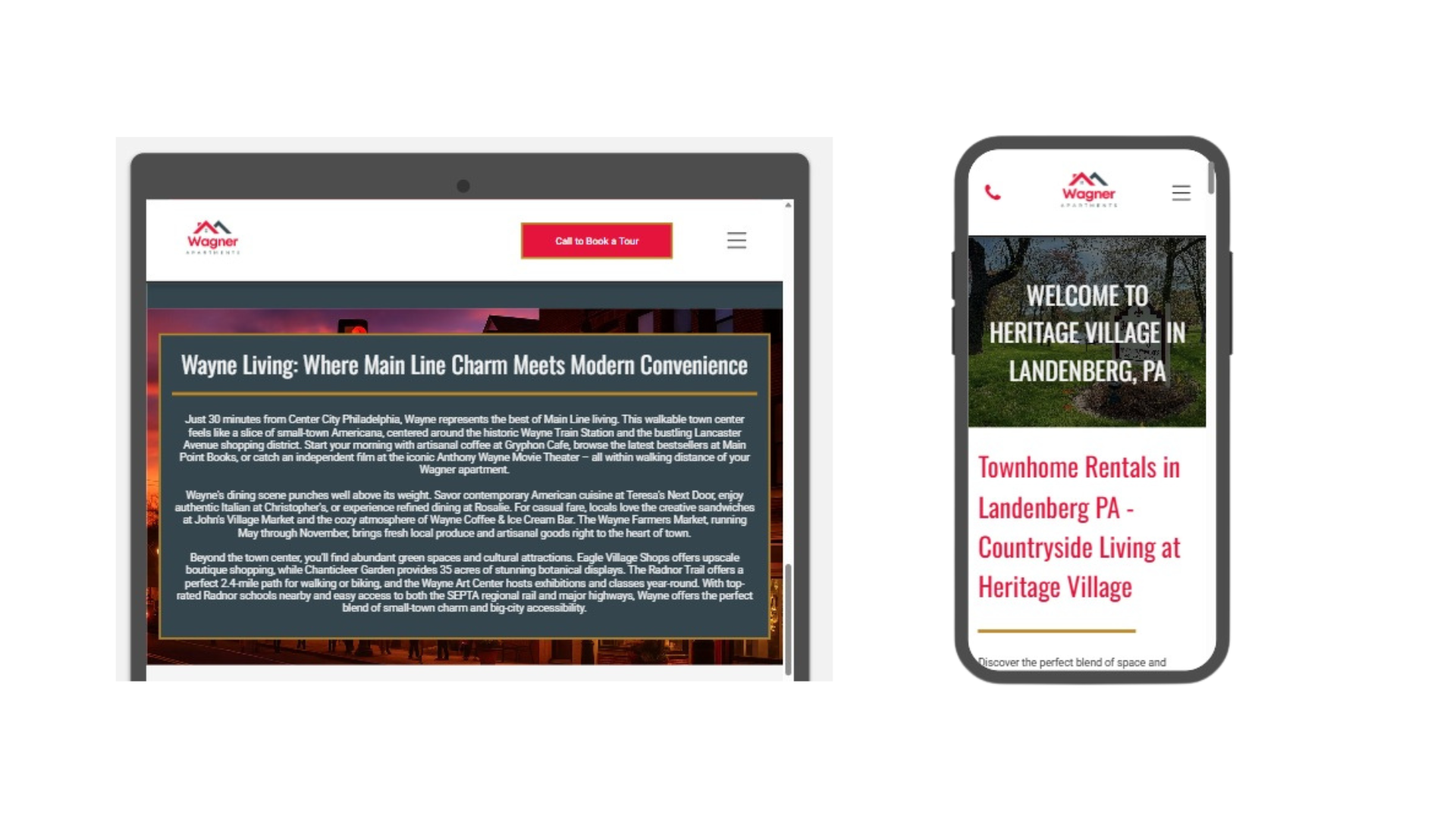 Website displaying on a tablet and a phone screen, showcasing real estate listings.