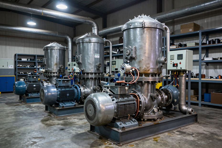 Bombas y tanques industriales en una fábrica, con grandes equipos de acero inoxidable sobre suelos de hormigón.