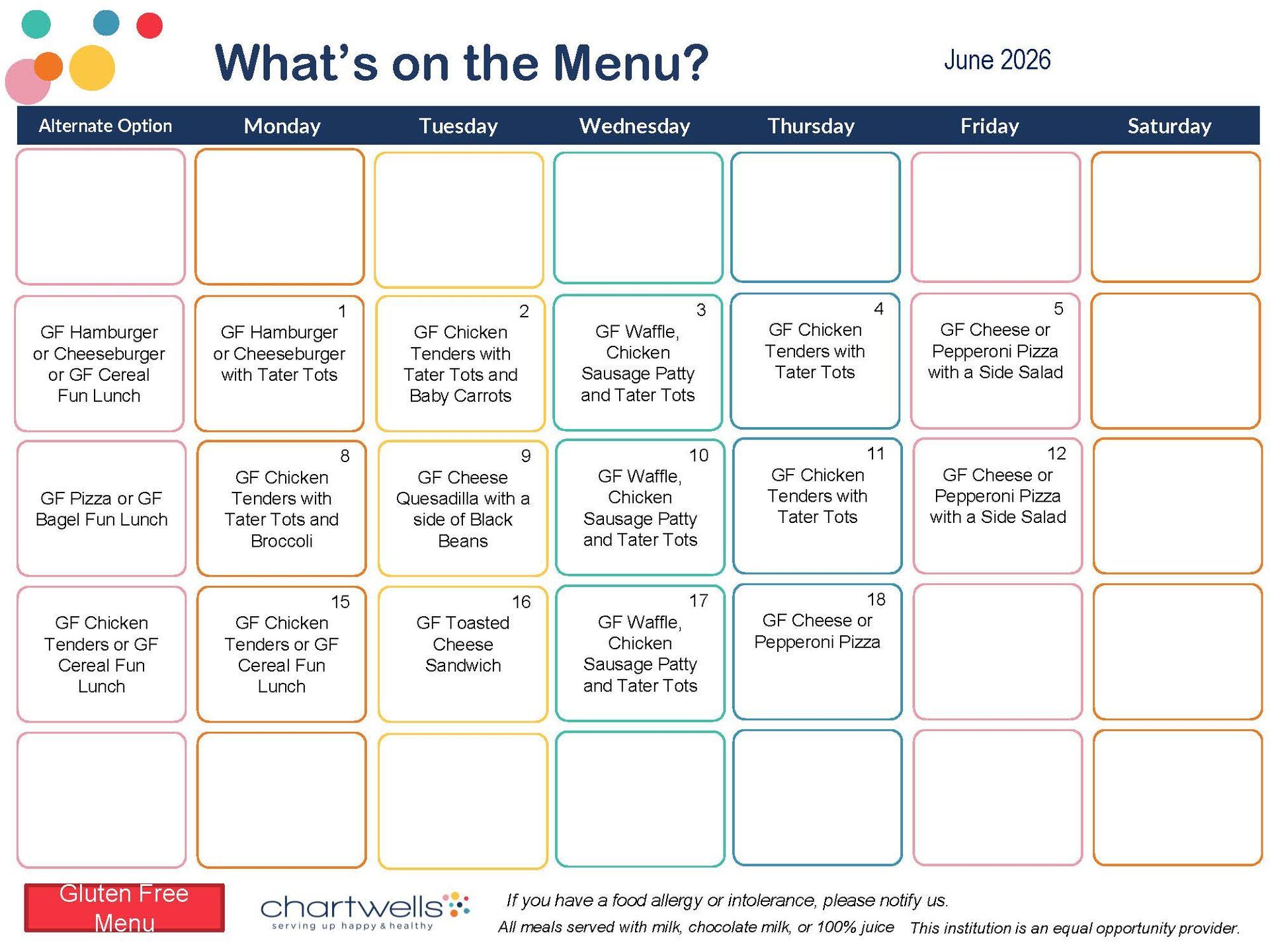 Calendar of Gluten Free Menu