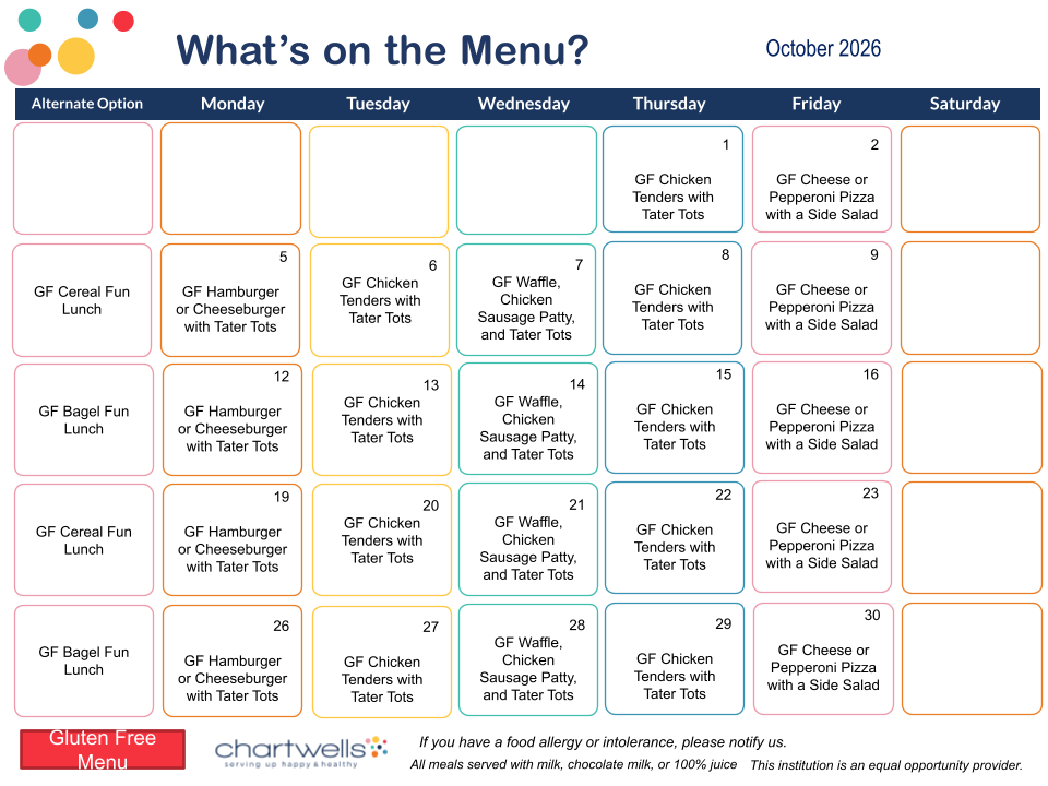 Calendar of Gluten Free Menu