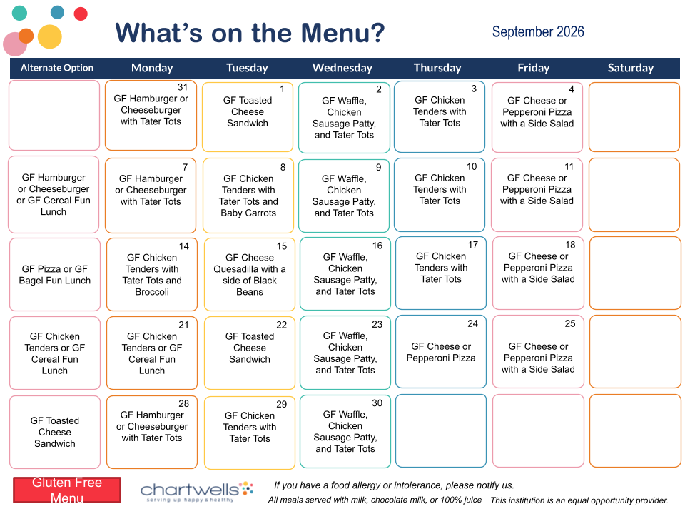 Calendar of Gluten Free Menu