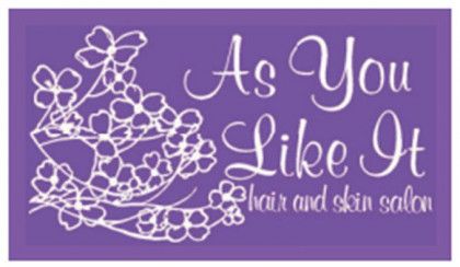 Purple salon logo with floral outline and white script reading “As You Like It hair and skin salon”
