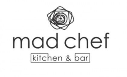 Logo for Mad Chef Kitchen & Bar with a black abstract flower icon above the text