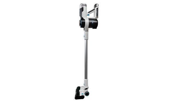 Vertical metal support pole with black padded grips and a small base foot on a white background