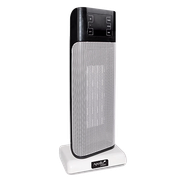 White and black tower space heater with a control panel, standing on a base.