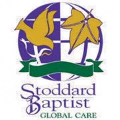 Stoddard Baptist Global Care logo with purple globe, gold birds, and green ribbon