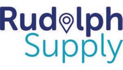 Rudolph Supply logo with dark blue and teal text and a location pin in the “o”