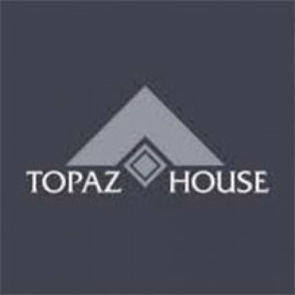 Topaz House logo with white text and geometric diamond icon on a dark gray background