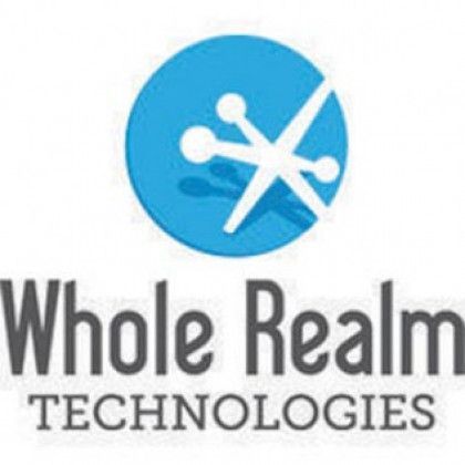 Whole Realm Technologies logo with blue circular network icon and black text