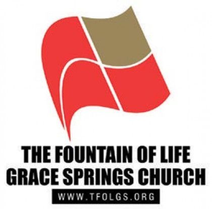 Logo for The Fountain of Life Grace Springs Church with red and gold flag icon and website URL
