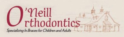 O’Neill Orthodontics logo with red text and a faint line drawing of a house; “Specializing in Braces for Children and Adults”