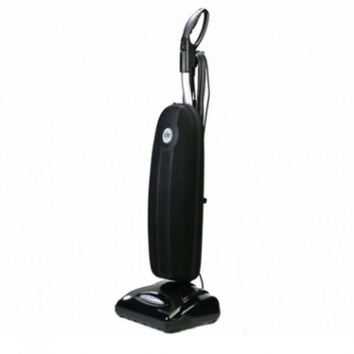 Black upright vacuum cleaner standing on a white background